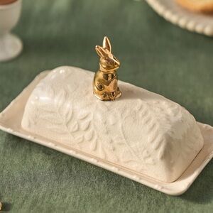 Anthropologie NWT Bunny Butter Dish w/ Gold Bunny Accent Ceramic Easter Spring